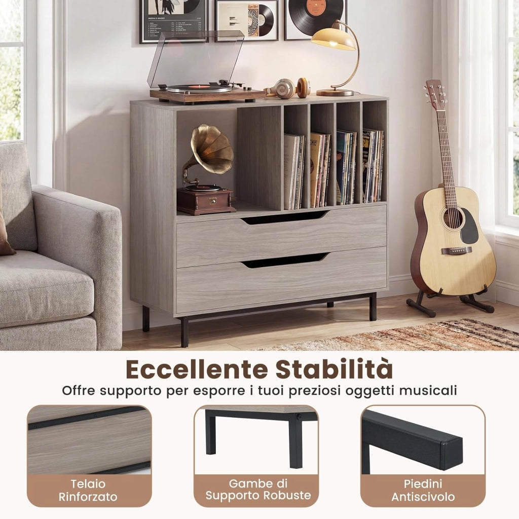 Supporto per Giradischi, Porta Dischi Vinile con 4 Ripiani per Vinili e 2 Cassetti, Armadio per Dischi Fino a 250 Album, per Soggiorno, Studio e Camera da Letto, 91 x 35 x 87 cm (Grigio)