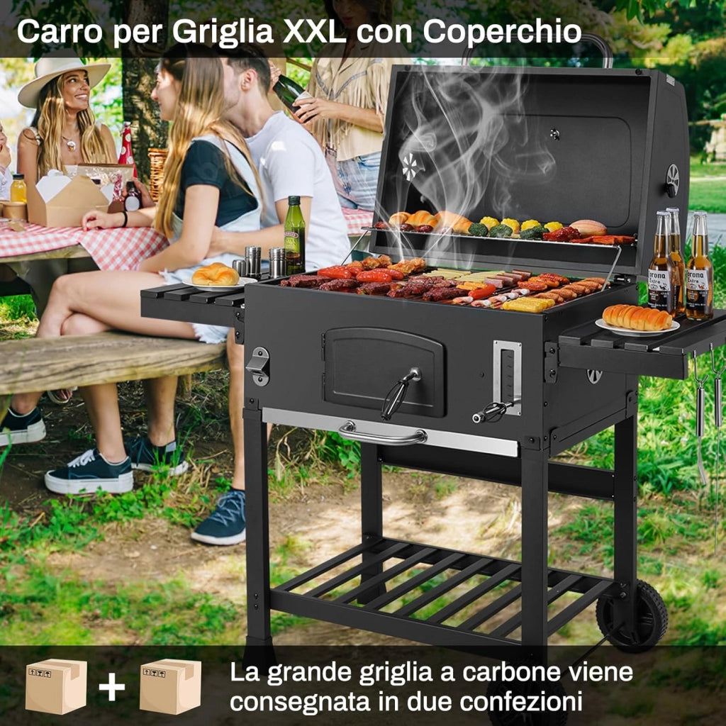 Barbecue a Carbonella XXL, Griglia per Barbecue con Camino e Coperchio, con Termometro e 2PCS Ruotes, Altezza Regolabile, Grande BBQ Smoker per Giardino, Campeggio