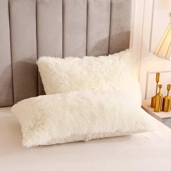 Coperta da letto morbida, 135 x 200 cm, crema, lanosa, coperta da letto invernale, lunghe fibre, pelliccia, set di coperte da letto morbide con chiusura a righello, cuscino invernale - 135 x 200 cm + 80 x 80 cm