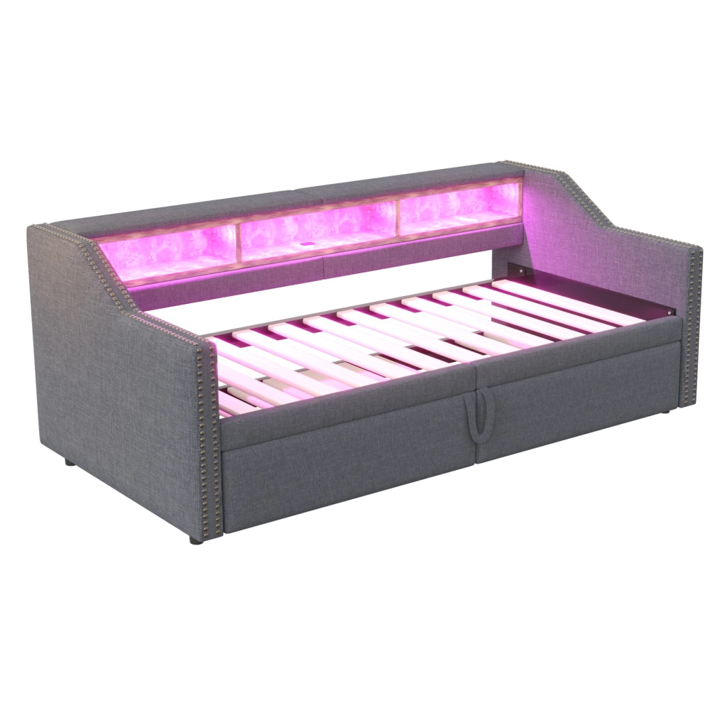 Letto estraibile singolo 90×200 cm e matrimoniale 180×200 cm con LED; USB; ripiani e rete; senza materasso; grigio scuro