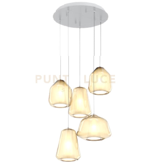 SOSPENSIONE BIANCO 5 LUCI TONDA VETRI 1X ALPHA + 2X BETA + 2X GAMMA AMBRA 1176BI-S5 T ABG-AM