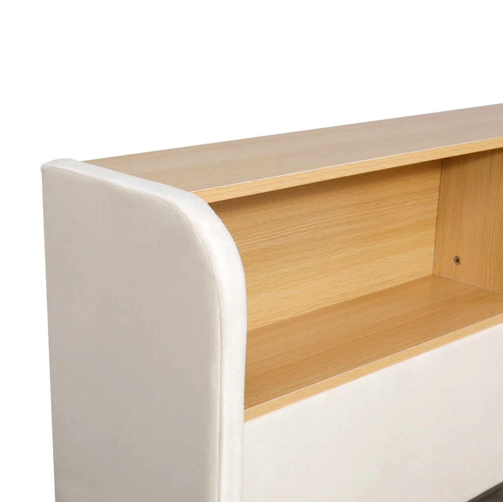 Letto con contenitore idraulico; LED e USB in velluto beige