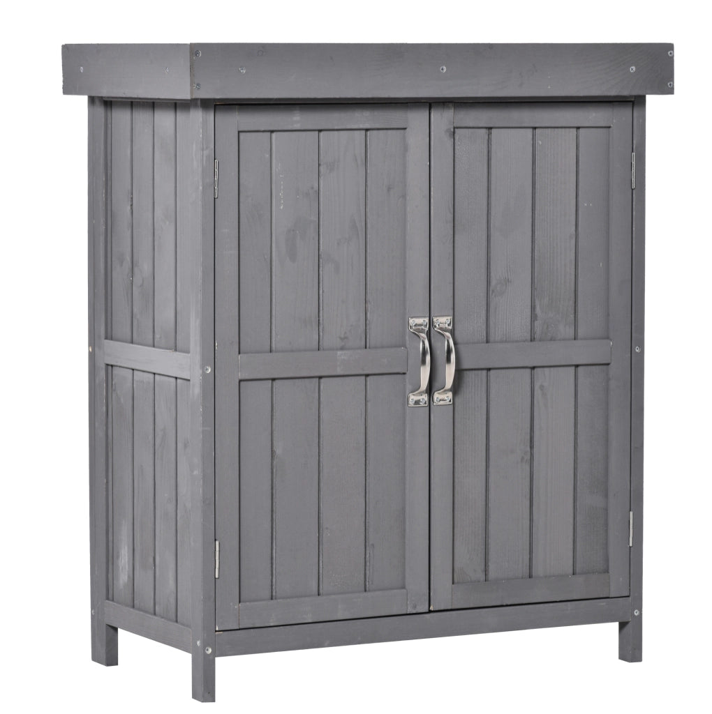 Armadio da giardino in legno con sportello; tetto inclinato e tavolo pieghevole; 78x52;5x182 cm; grigio scuro