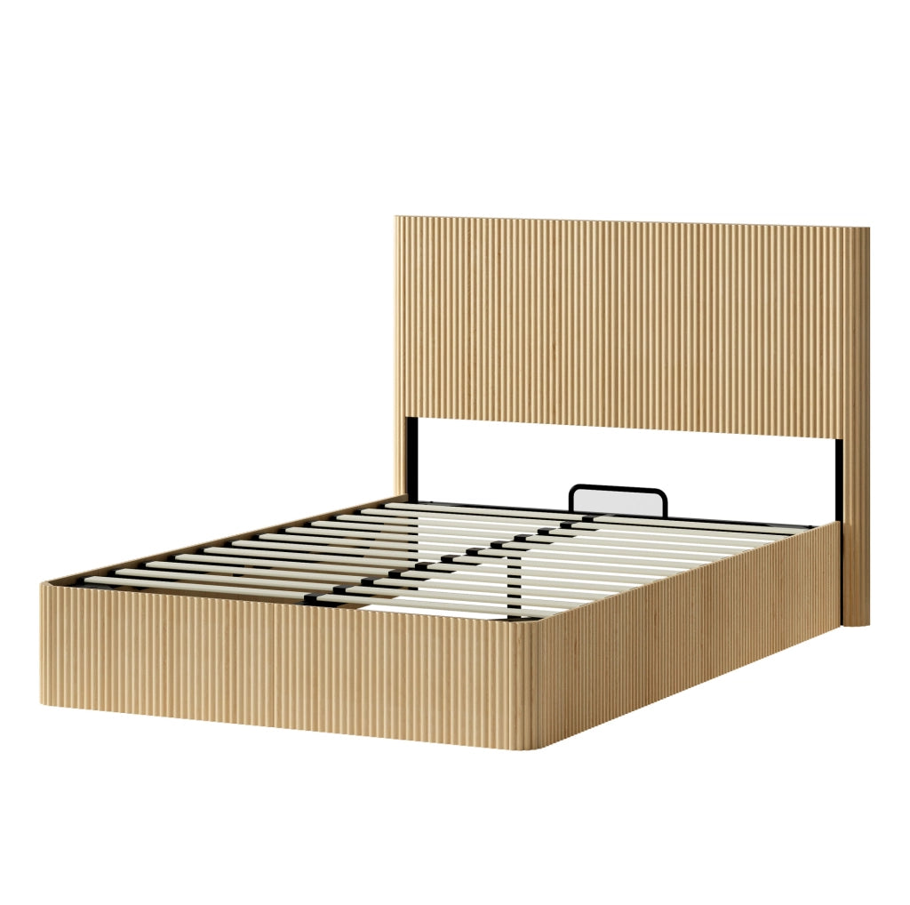 Letto 140x200 cm con contenitore e sistema idraulico in MDF e metallo; colore rovere chiaro