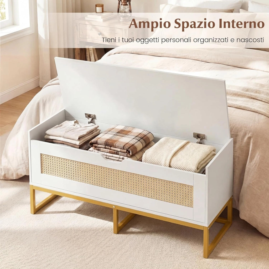 71L Panca Scarpe con Seduta Imbottita, Cassa Portaoggetti in Rattan con Coperchio Ribaltabile, Panchina da Ingresso con Spazio Nascosto, 100x35x44 cm (Bianco)