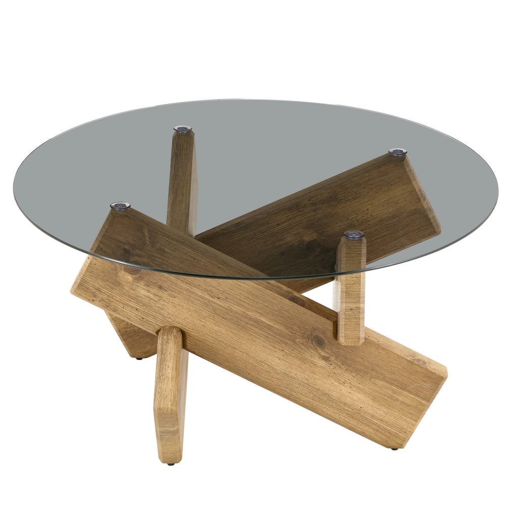 Tavolino rotondo 88.5x88.5x12.5 cm con piano in vetro temperato; base geometrica in MDF naturale