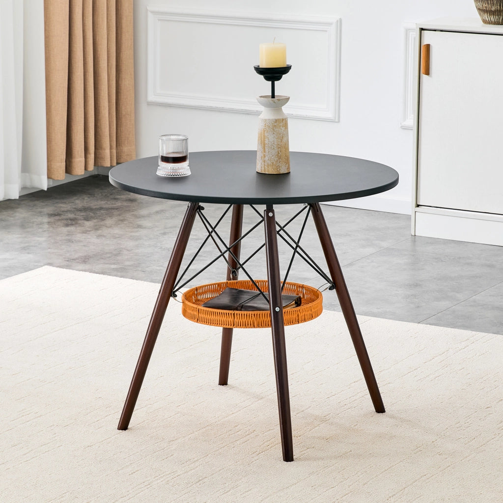 Tavolo da pranzo - rotondo Ø80 cm - MDF nero - gambe in noce massello - cesto intrecciato sospeso