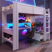 DESMIU Letto a soppalco letto singolo 90 × 200 cm con scrivania, cassetto, scaffali e LED, senza materasso, bianco