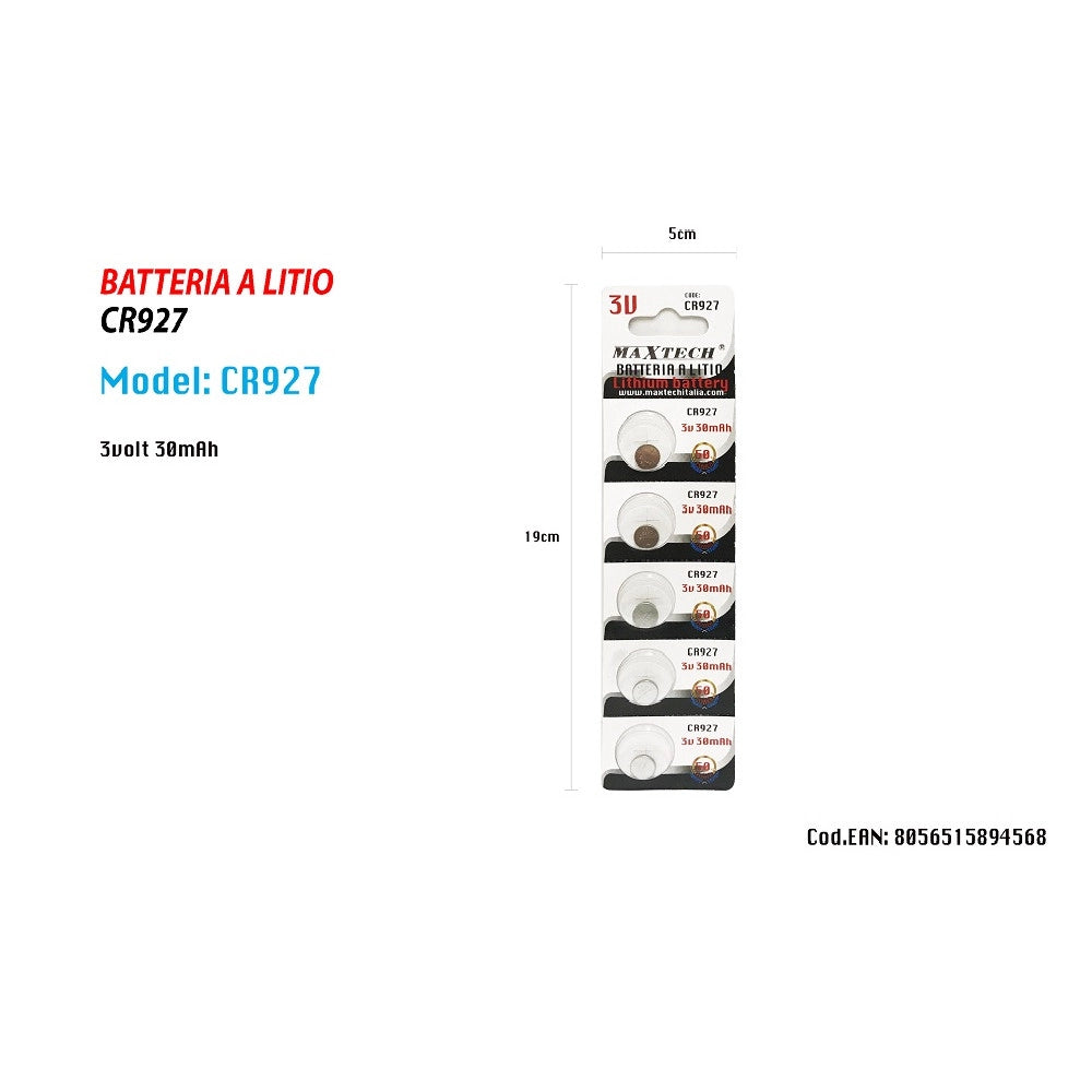 Trade Shop - Batteria A Bottone Cr927 A Litio Pile Maxtech Cr927 30mah 3 Volt 5pz Per Orologi -
