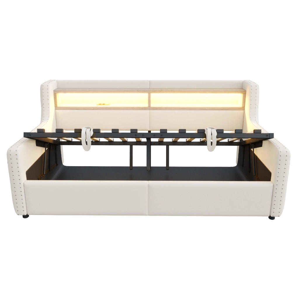 Divano letto 90x200 cm con contenitore idraulico, LED e velluto beige