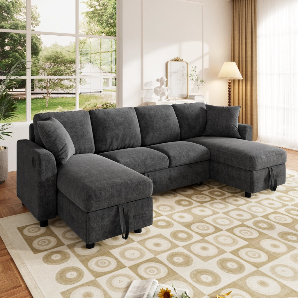 Divano letto modulare in chenille con contenitore e ricarica integrata