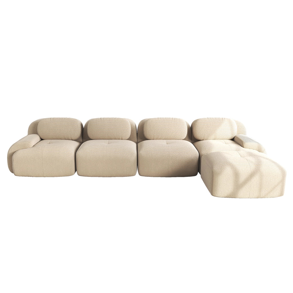 Divano angolare modulare 4 posti con braccioli curvi; senza montaggio; in velluto a coste; beige