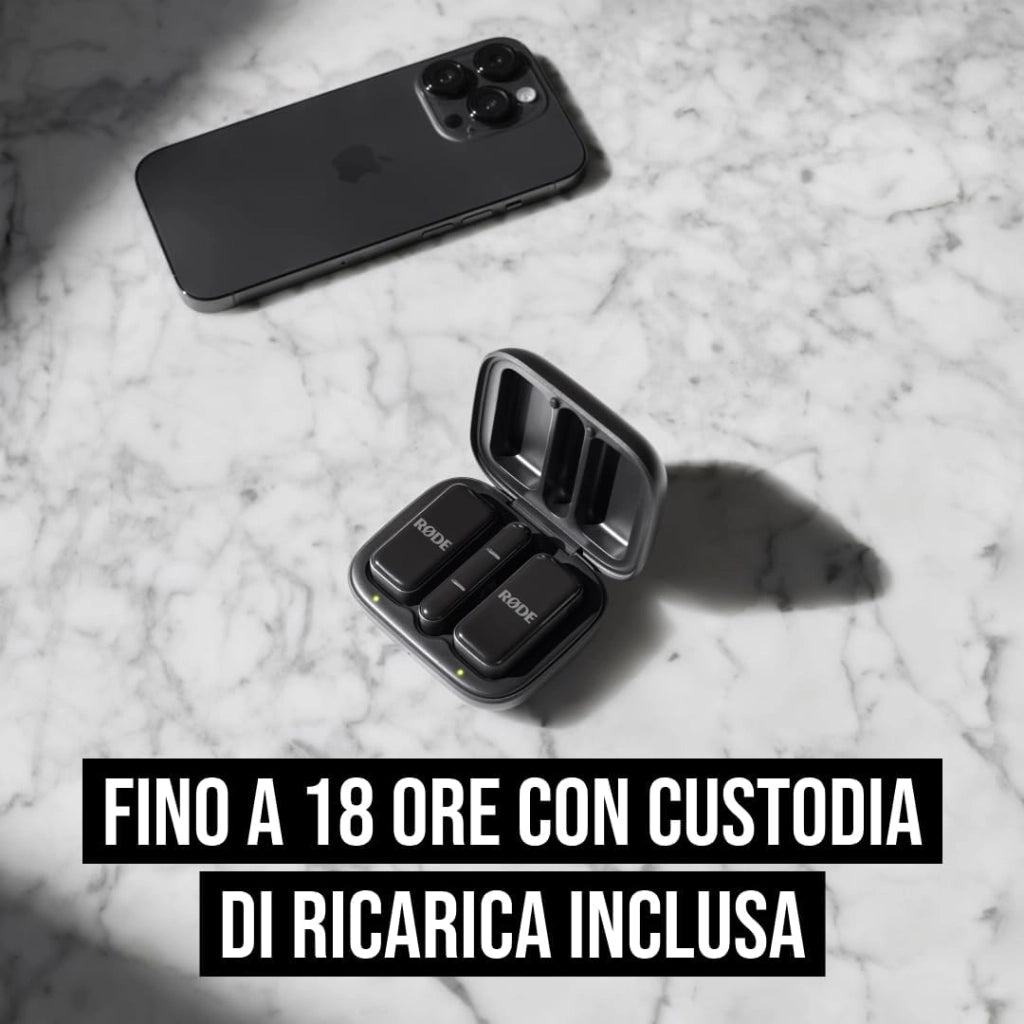 RØDE Wireless Micro - Microfono wireless compatto, due microfoni con custodia di ricarica per la creazione di contenuti per smartphone - Lightning, nero