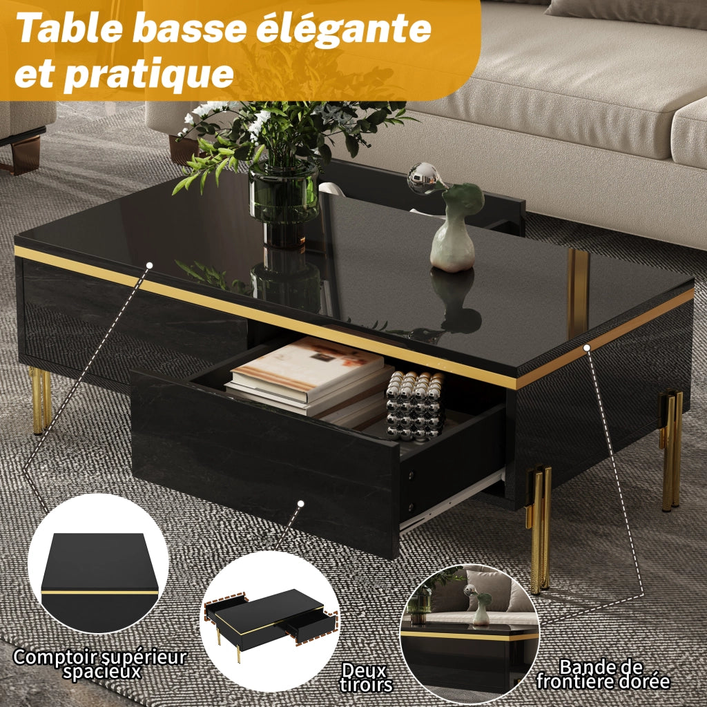 Tavolino da salotto con 2 Cassetti; Dettagli dorati e Gambe in metallo; per Soggiorno; in Truciolato; 100 × 50 × 36 cm; Nero