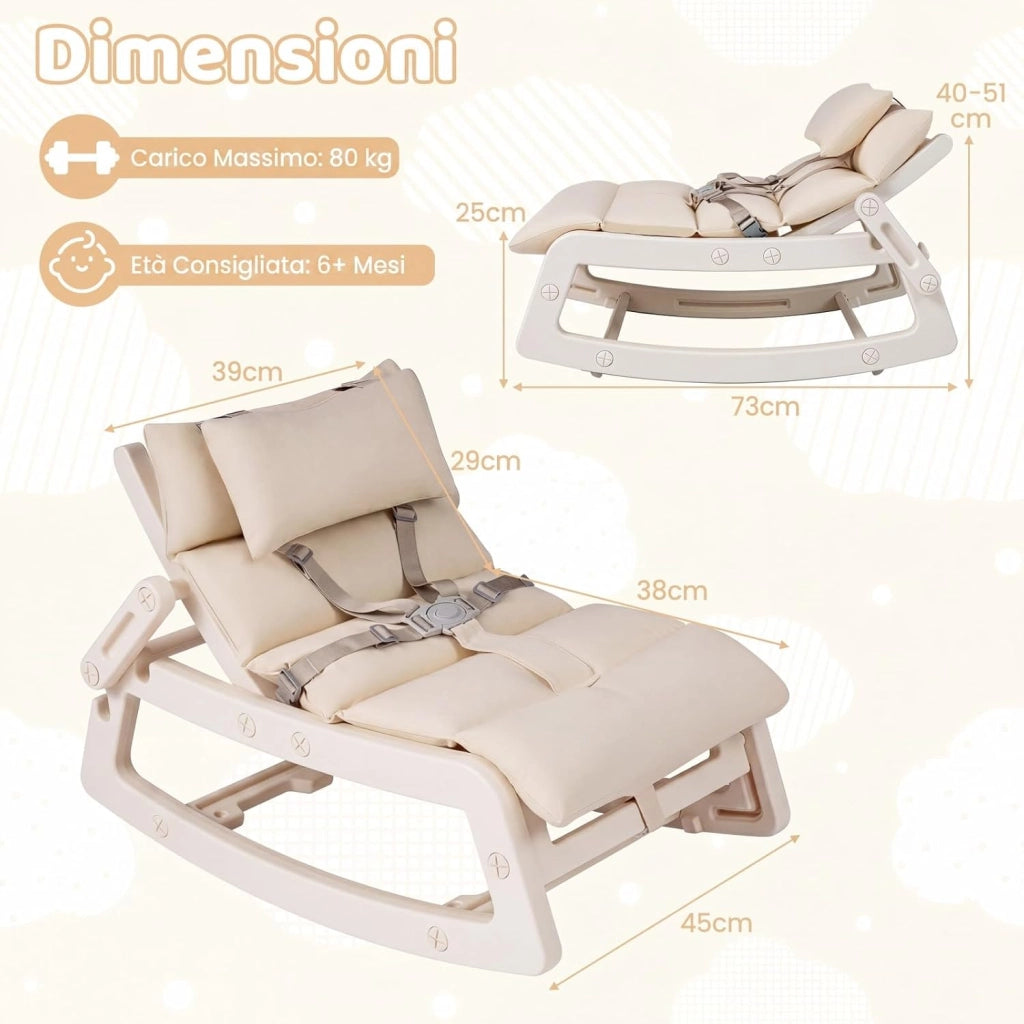 Sedia a Dondolo Bambini, Schienale Regolabile, con Cucino (Beige) | Sdraietta a Dondolo, Poggiatesta Rimovibile e Cintura 5 Punti, Portata 80 kg, per Bambini 6+ Mesi