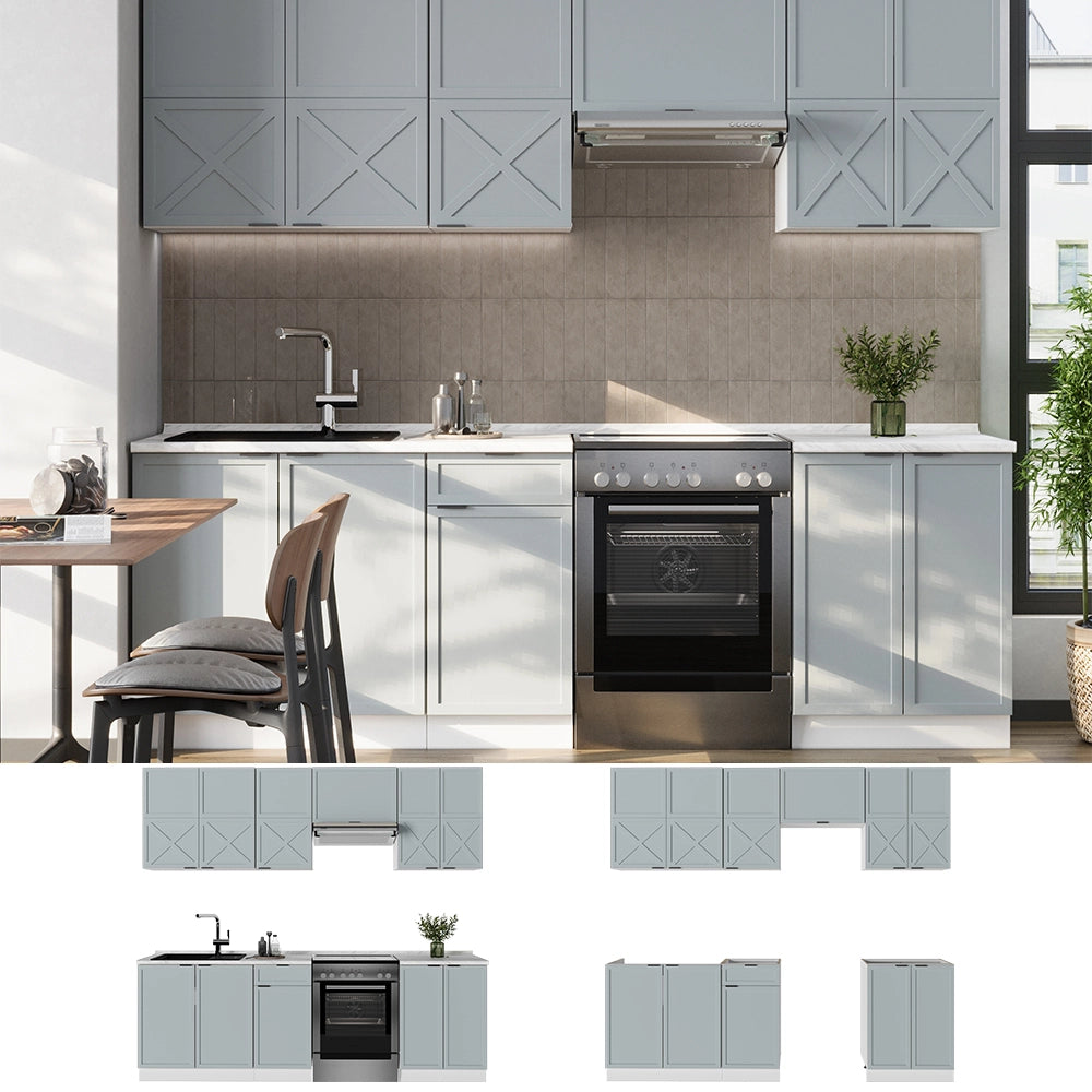 Cucina componibile Fame-Line Blu-grigio chiaro/Bianco 240 cm, PL Antracite Vicco