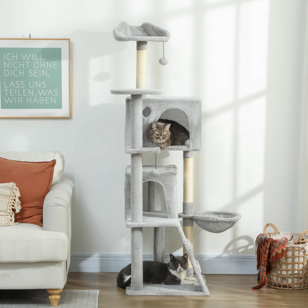 Albero Tiragraffi per Gatti con 2 Casette, Amaca e Lettino ¨C Zephmum ¨C Grigio 48x48x160 cm