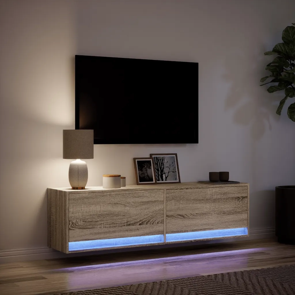 Mobile TV a Parete con Luci LED Rovere Sonoma 140x31x38 cm