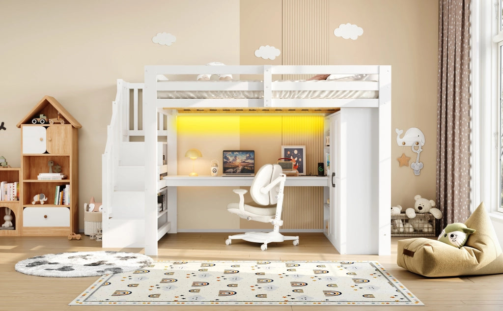 DESMIU Letto a soppalco 140 × 200 cm 2 posti con scrivania, ripiani, armadio, scala contenitore, LED e USB, senza materasso, bianco