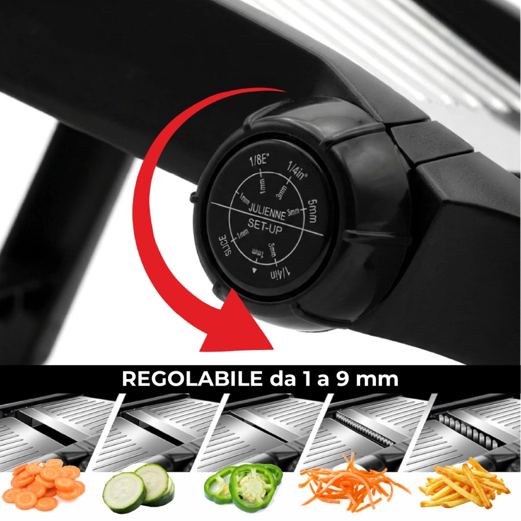 Mandolina Professionale in Acciaio Inox, Affettaverdure Regolabile da 1 a 9 mm con Taglio Julienne, Affettatrice Manuale Pieghevole con Salvamani e Piedini Antiscivolo