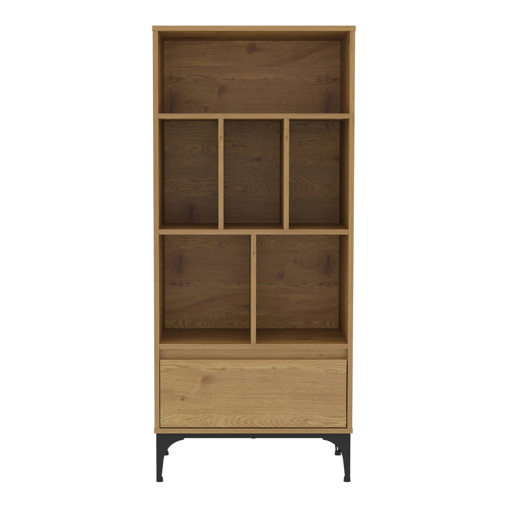 Libreria Kistiandi con 6 Vani Aperti e Cassetto 137 x 60 x 35 cm - Effetto Rovere Scuro [en.casa]