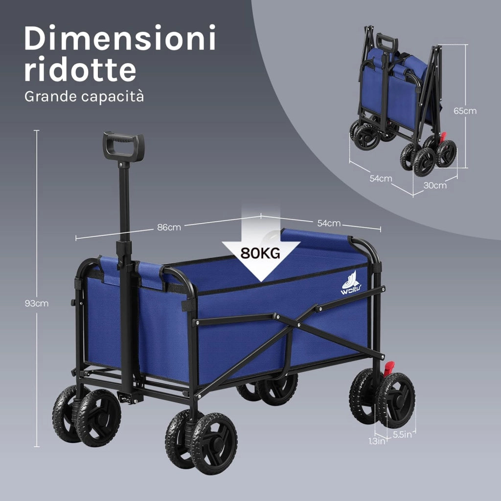 Carrello Pieghevole con 4 Ruote Doppie, Campeggio, Viaggio, Giardino, Spiaggia, Oxford+Metallo, Blu