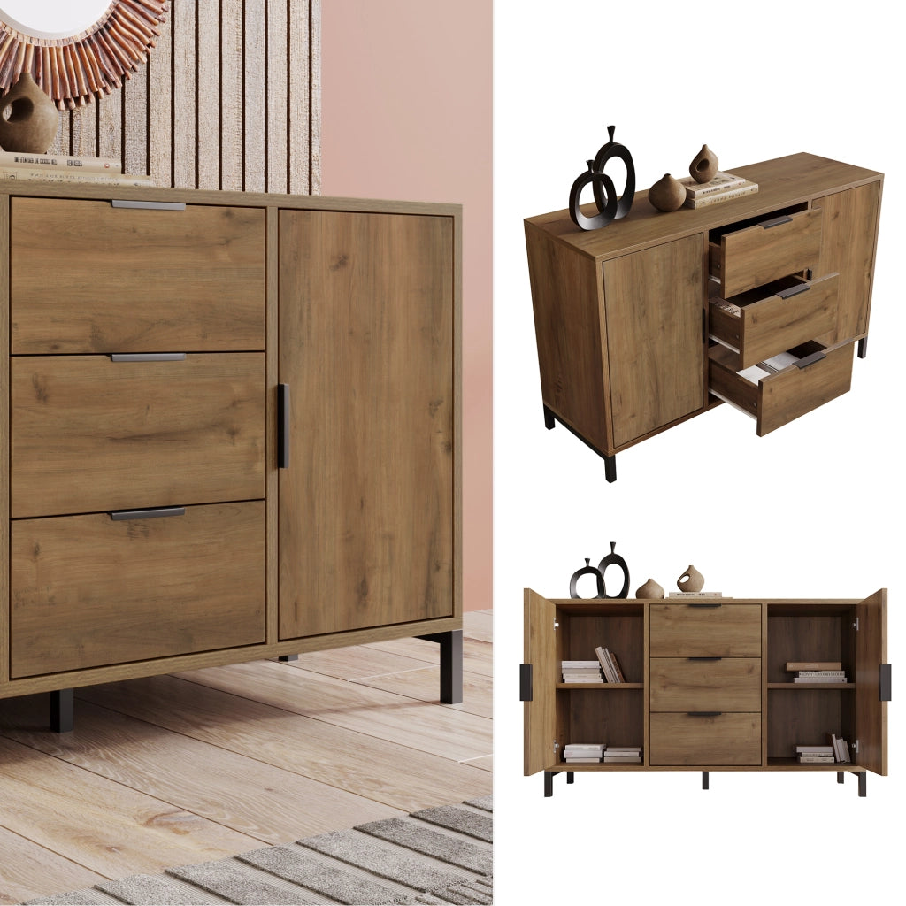 Credenza con 2 ante e 3 cassetti con ripiano regolabile, effetto rovere scuro e maniglie nere 120 × 40 × 76 cm