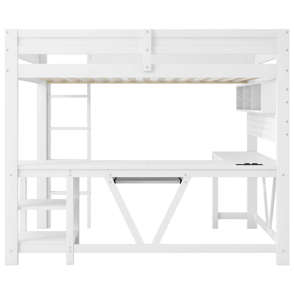 Letto a soppalco singolo 90 × 200 cm con scrivania, ripiani, LED a 7 colori, prese USB e senza materasso