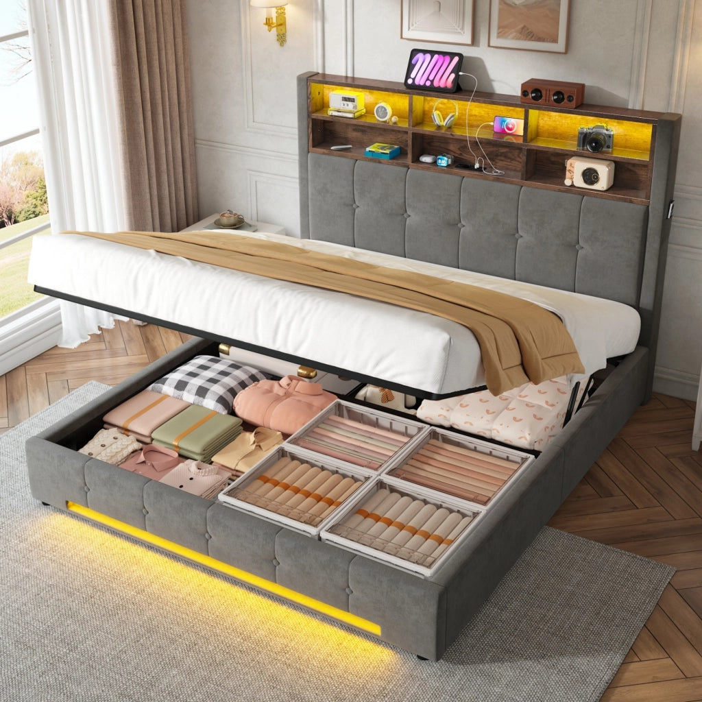 Letto 160x200 cm con contenitore; testiera multifunzione e LED in velluto grigio scuro