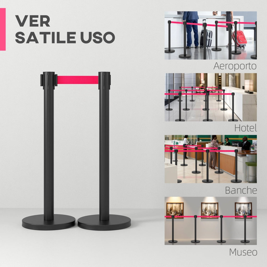 2 Colonnine Tendinastro di 2 m in Acciaio Inox Nero  Ø32x90 cm Nastro Rosso