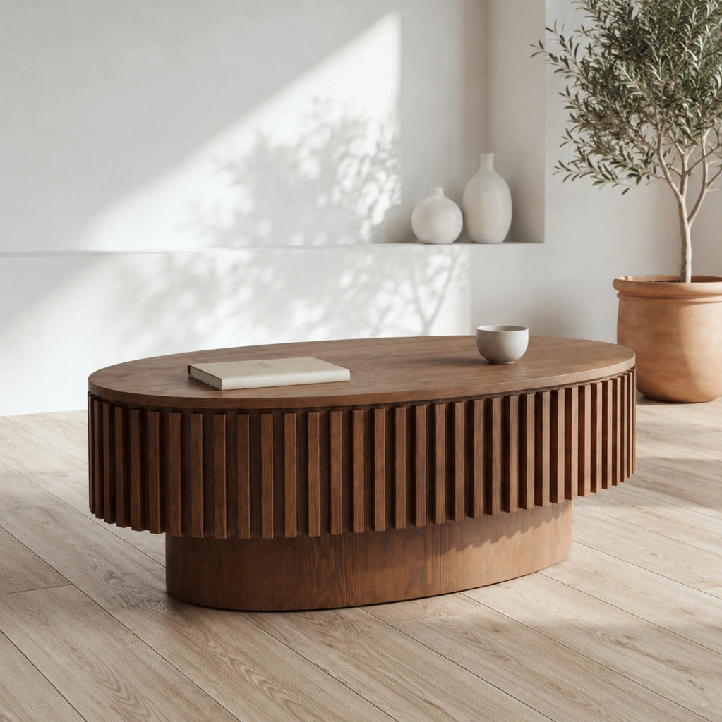 Tavolino da caffè ovale scanalato con vano nascosto in MDF e legno; noce