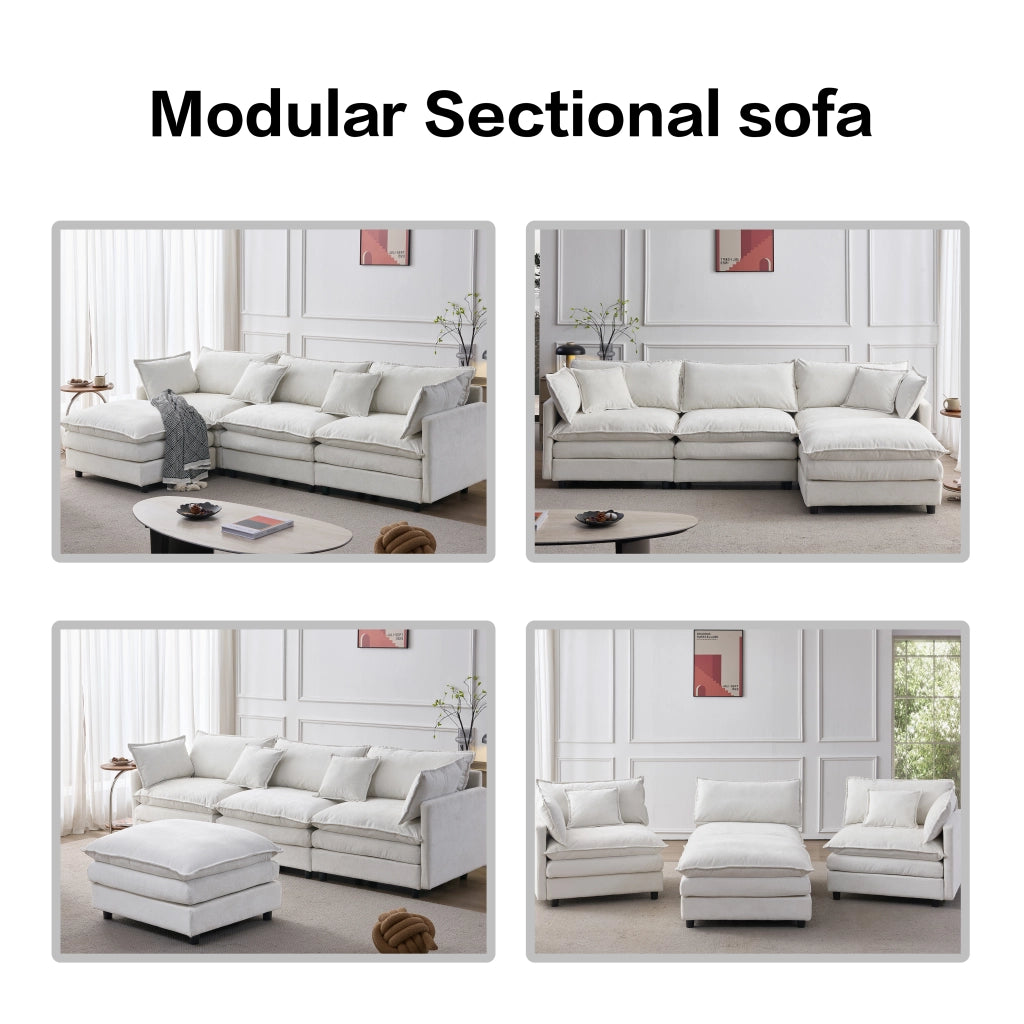 Divano angolare modulare in chenille con pouf mobile e 3 posti, struttura in legno massiccio, beige