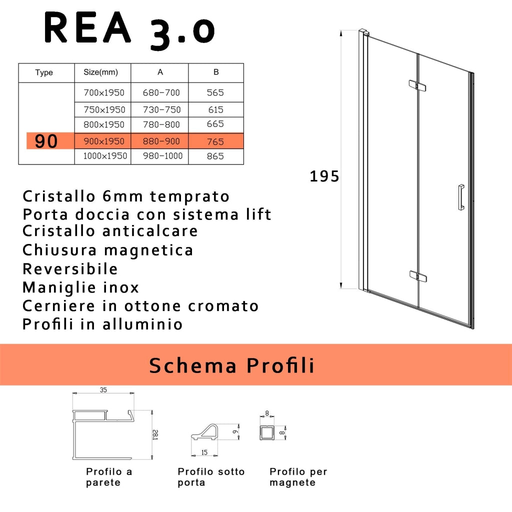 Porta Parete Doccia 80 cm 1 Anta a Libro in Cristallo Trasparente 6mm H195 Bonussi Fiona