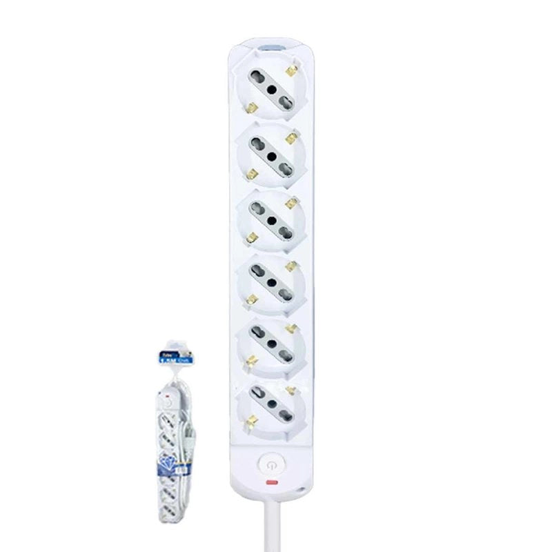 Multipresa Ciabatta Elettrica a 6 Posti 6 Prese Bipasso Schuko 10A/16A con Interruttore e Spina 10A Cavo 1.5 metri Bianco