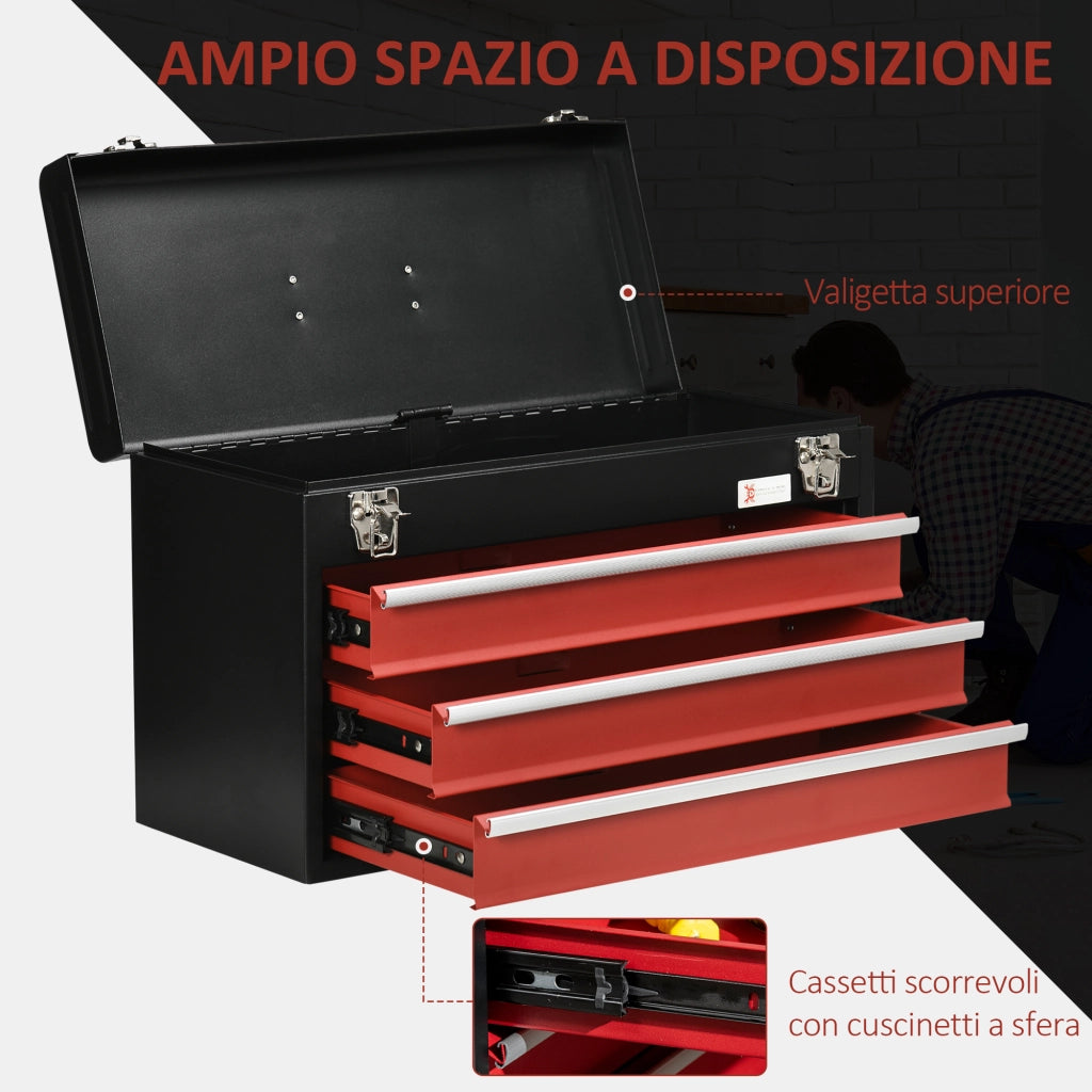 EasyComfort Cassetta Porta Attrezzi in Acciaio con 3 Cassetti e Vassoio Superiore, 51x22x32 cm, Rosso e Nero