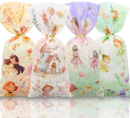 Sacchettoni di trattamento 50 pezzi - Borse di regalo - Borse di dono - Sacchettoni di cellofan - Borse di festa - 4 stili fiori/temi di fate - 12,5 x 27,5 cm - Borse di regalo