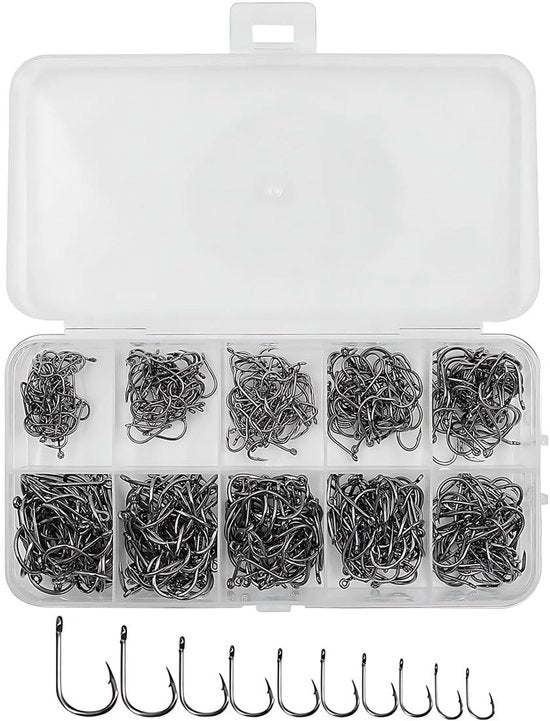 Vishaken in Carbone - 300 Stuks - Weerhaken - Adatti per Acqua Dolce/Marina - Cassetto di Stoccaggio - 10 Dimensioni - Attrezzi per Pescare