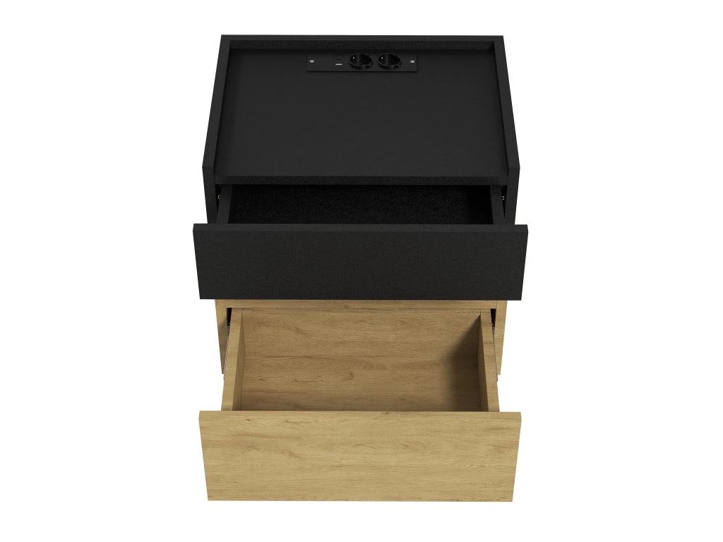 Comodino con ricarica wireless, LED e due cassetti, finitura legno e nero per camera da letto 50 × 40 × 50 cm