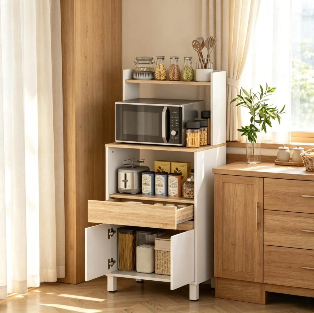 Mobiletto per Microonde con Ripiani e Cassetto, Bianco o Rovere, 60x40x131 cm