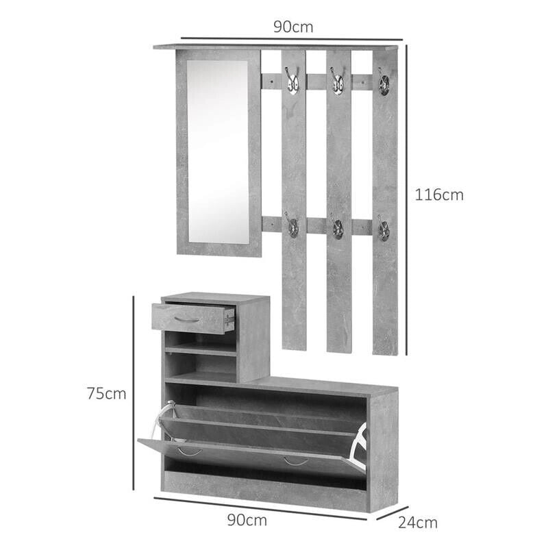 MOBILE GUARDAROBA CON SPECCHIO APPENDIABITI E SCARPIERA 90X22X116 CM GRIGIO