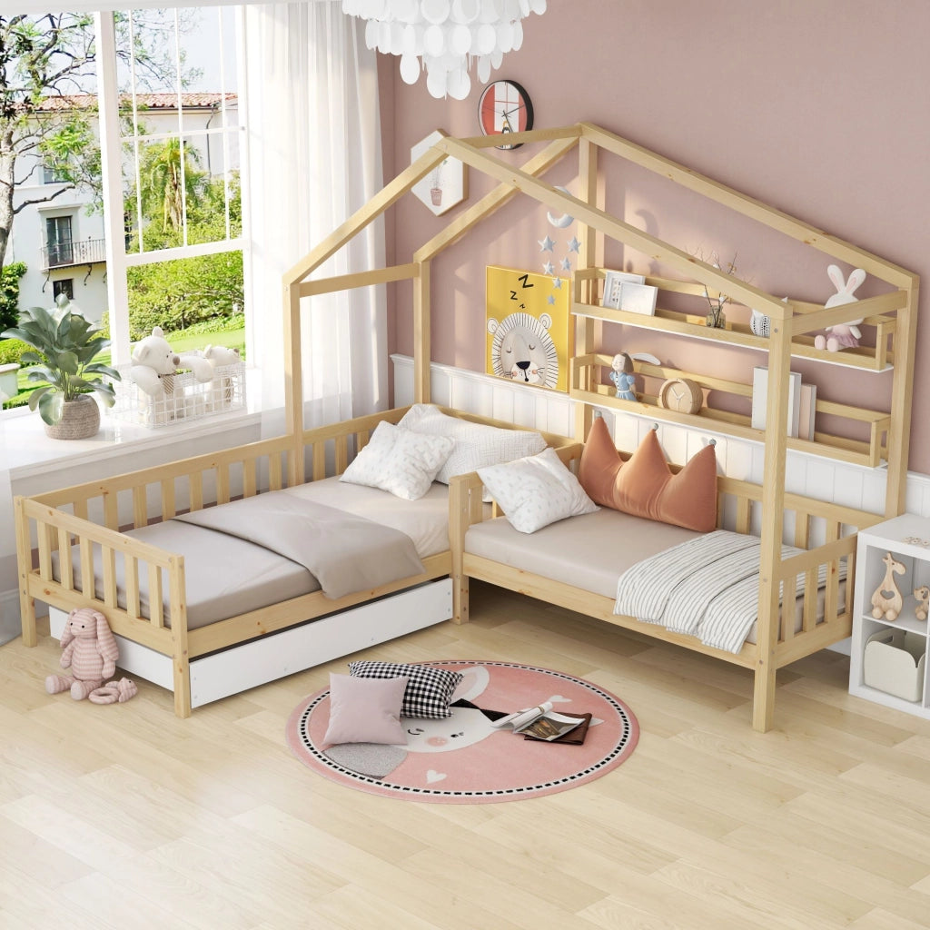 Letto a casa per bambini con cassetti e mensole in legno massello naturale 90x200 cm+140x70 cm