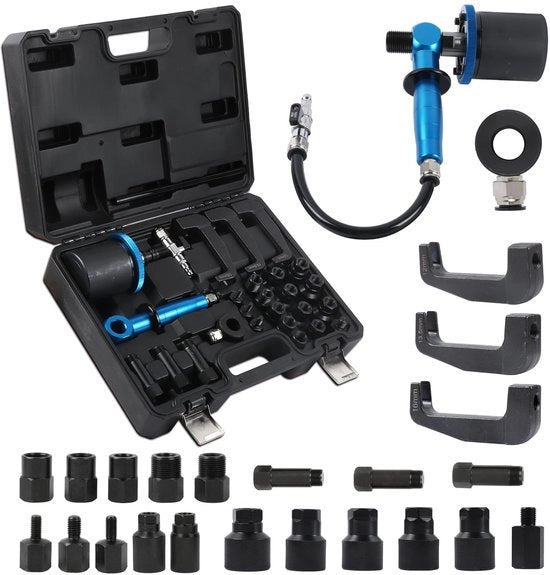 Tiratore pneumatico a iniezione 27 in serie, strumento di rimozione iniettore manuale, tiratore iniettore carburante diesel, set di attacchi con 19 adattatori compatibile con Bosch Delphi Denso Siemens