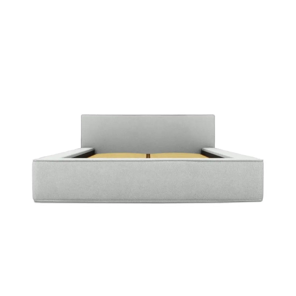 Letto contenitore VELORA – Bianco riccioluto – 160x200 cm – Tessuto effetto lana – Rete sollevabile – Spazio di archiviazione integrato