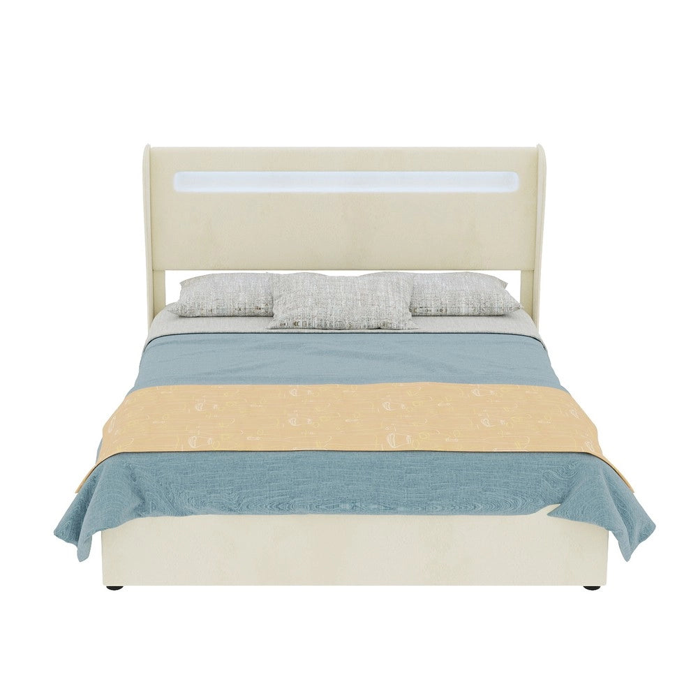 Letto Contenitore Imbottito con Testiera LED ¨C MINIMAL ¨C Velluto Beige 140x200