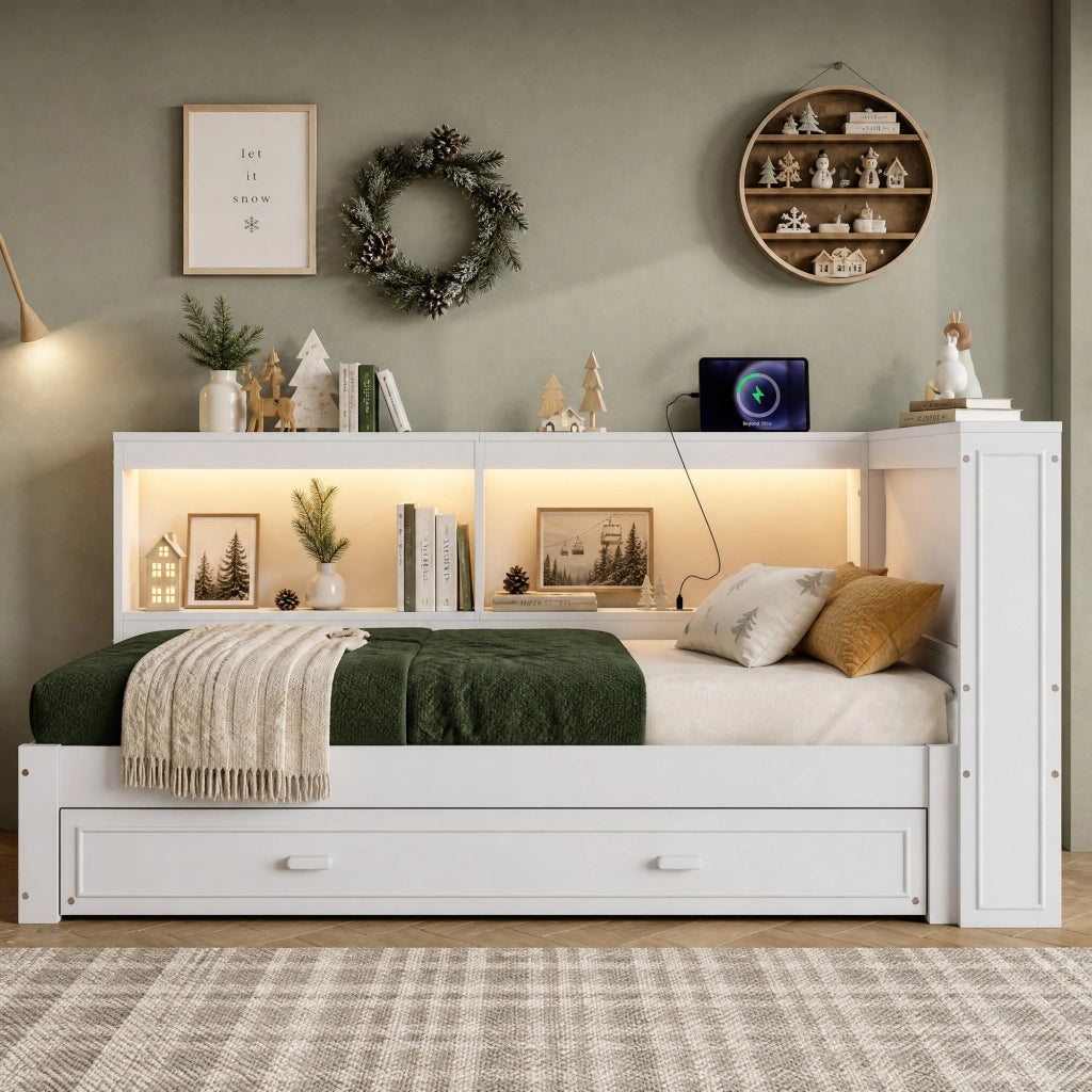 Daybed 90x200 cm con letto estraibile; LED; presa; USB e Type-C; bianco