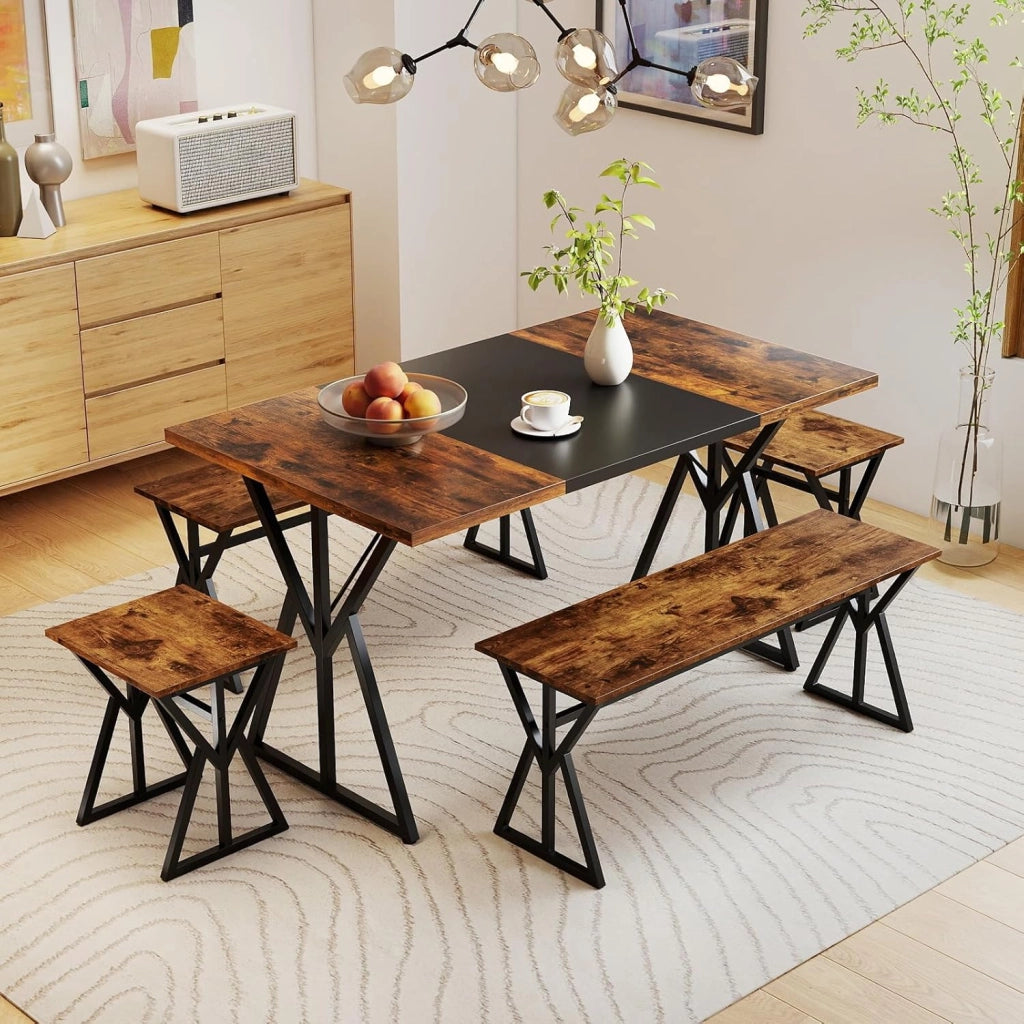Set di tavolo da pranzo da 5 pezzi, tavolo da cucina 140 x 80 cm con 2 panche, 2 sgabelli, piano multicolore, telaio metallico, set di mobili industriali per la casa, bar, ristorante