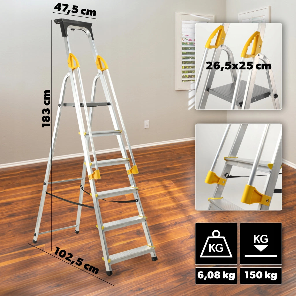 Scala domestica pieghevole in alluminio KADAX a 6 gradini con corrimano e gancio, portata massima 150 kg.