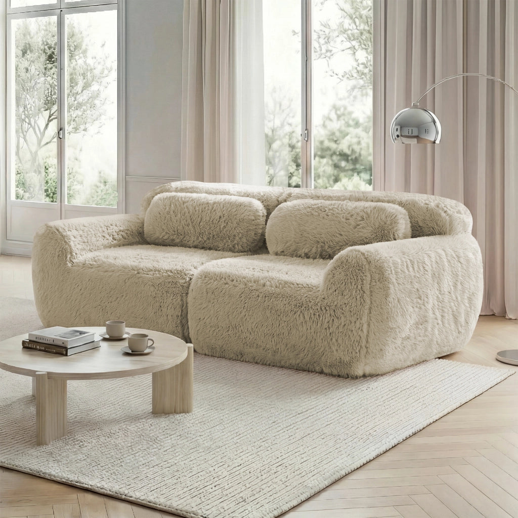 Divano Modulare 2 Posti Senza Struttura con Cuscini; Seduta Ampia Effetto Nuvola; Base Antiscivolo in Peluche Cachi Chiaro