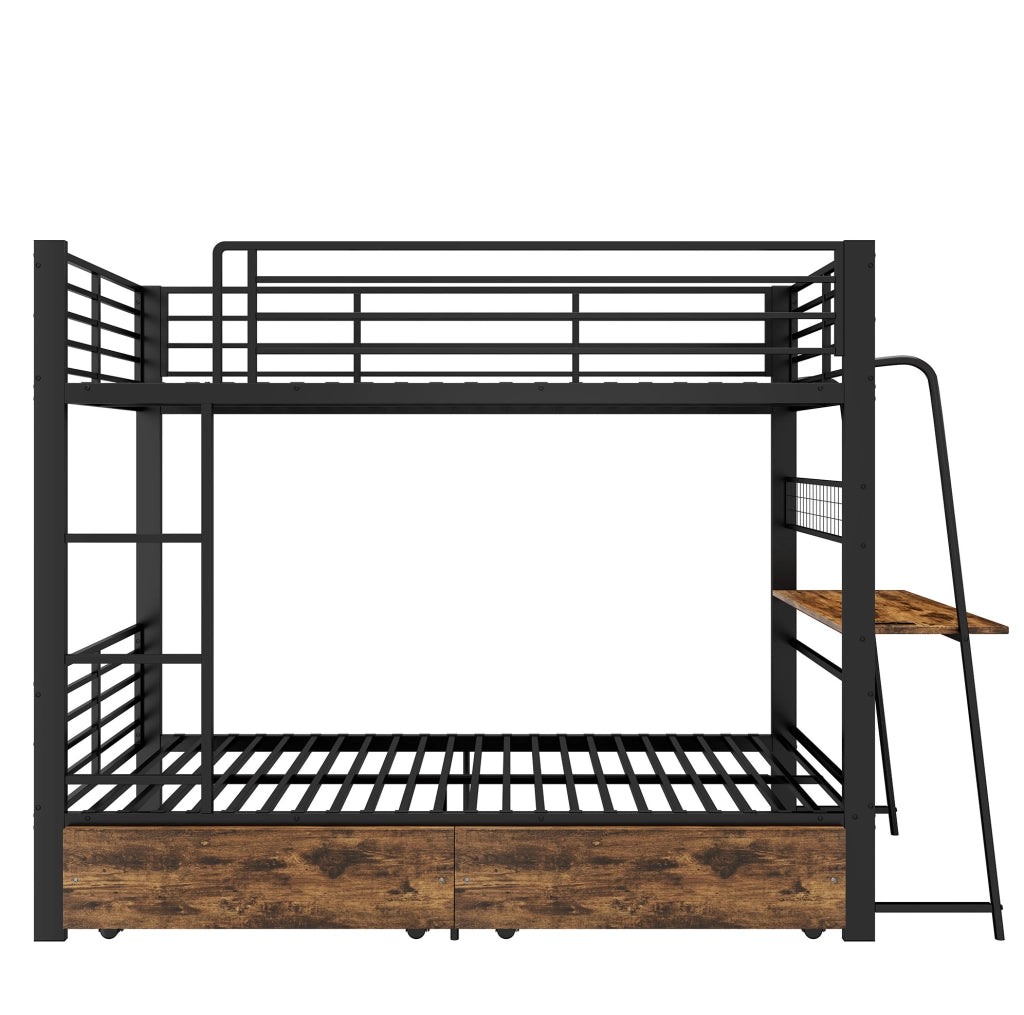 Letto a soppalco 90x200 cm con scrivania; LED e cassetti contenitore in metallo e MDF; nero
