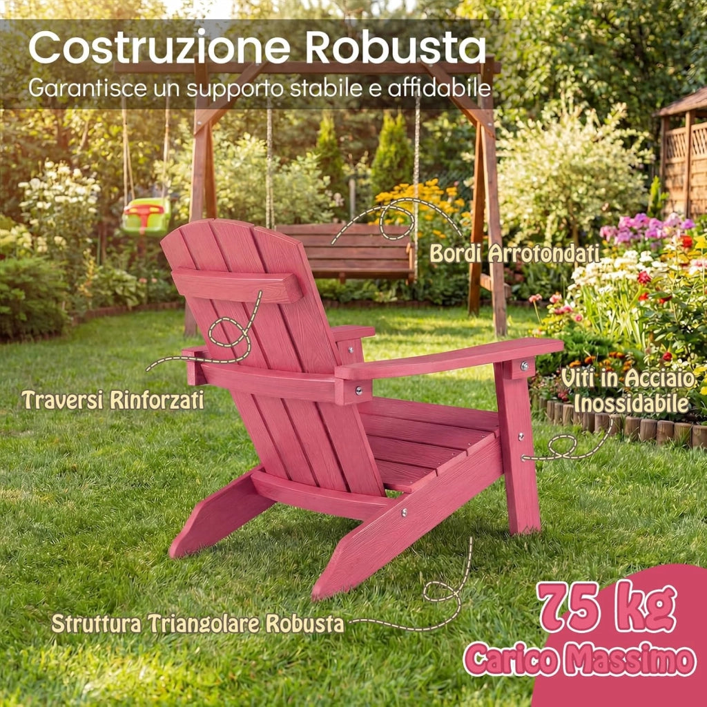 Sedia Adirondack per Bambini, Poltrona da Giardino in Plastica Resistente alle Intemperie con Schienale a Doghe Inclinato, Sedia Adirondack per Patio e Balcone, Portata 75 kg (Rosa)